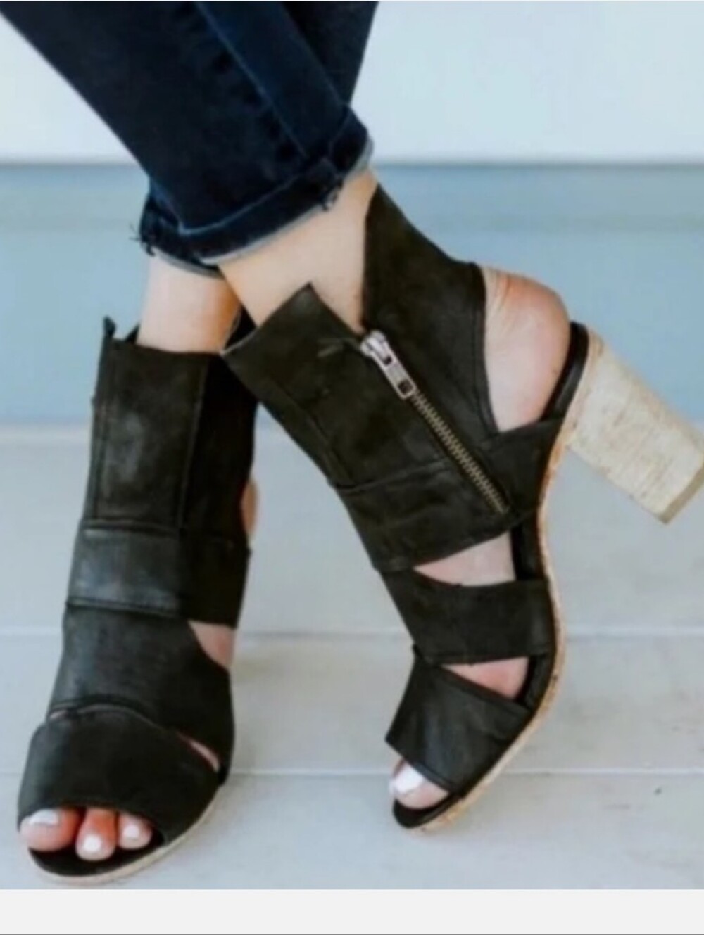 FREE PEOPLE EFFIE Women’s Black Open-Toe Block Heel Sandals 9.5 10 Boho Festival